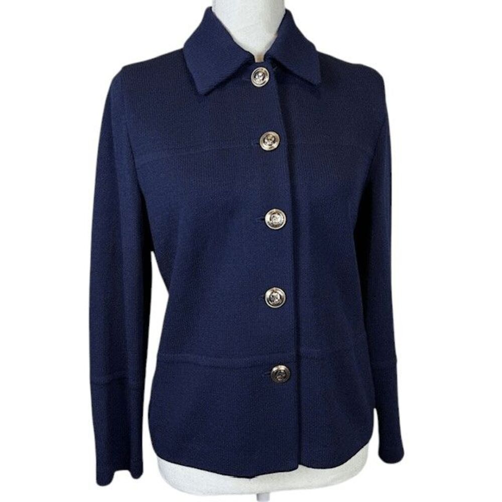St. John Santana Knit Wool Navy Blue Blazer Jacket Gold Tone Buttons Oversized 2